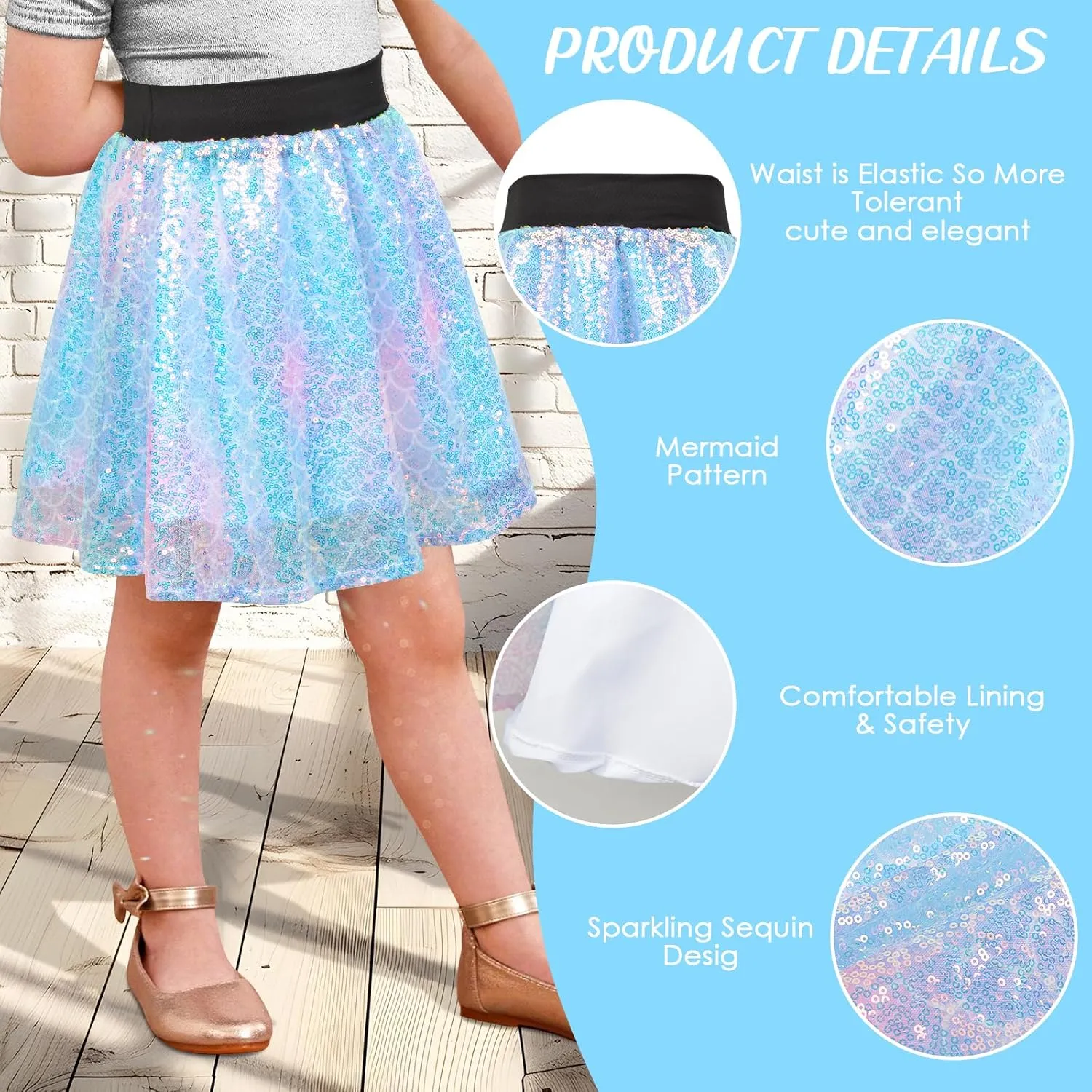 Girls Sequin Skirt, Kids Sparkly Skirt Rainbow Glitter Skirt Skorts for 6-10 Years