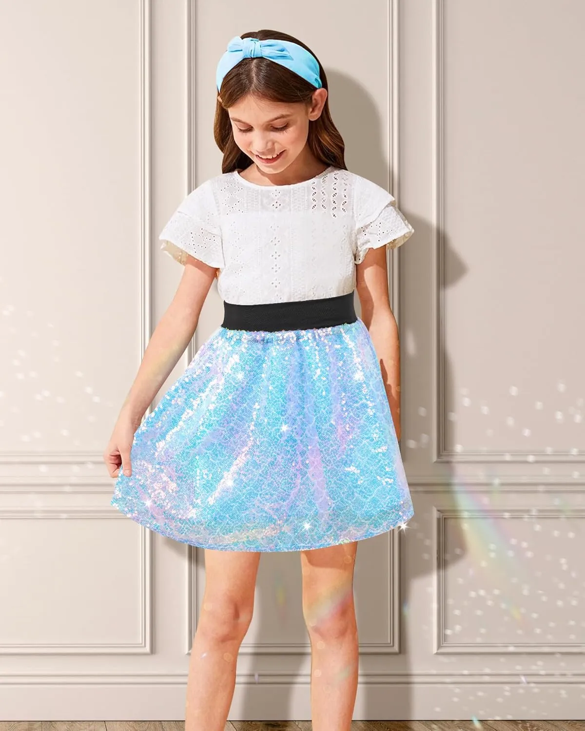 Girls Sequin Skirt, Kids Sparkly Skirt Rainbow Glitter Skirt Skorts for 6-10 Years