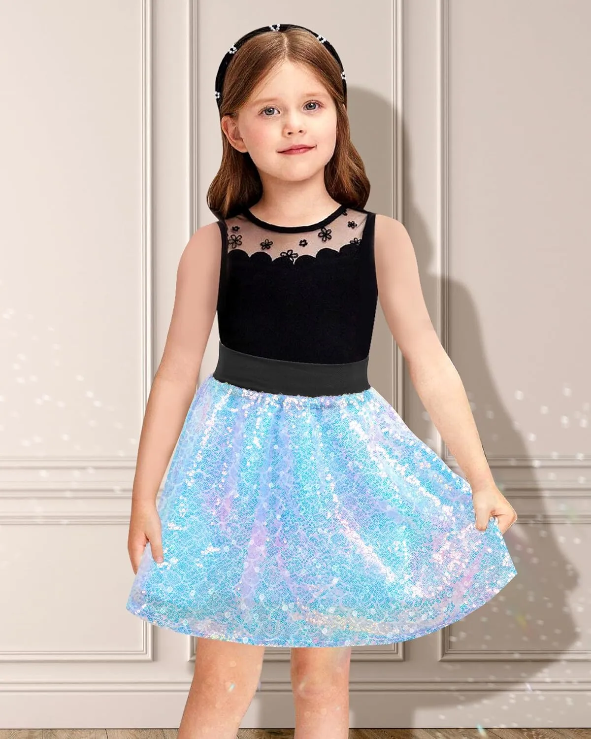 Girls Sequin Skirt, Kids Sparkly Skirt Rainbow Glitter Skirt Skorts for 6-10 Years