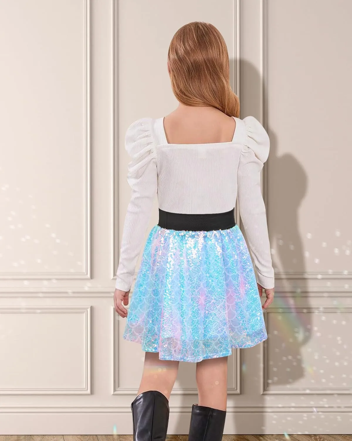 Girls Sequin Skirt, Kids Sparkly Skirt Rainbow Glitter Skirt Skorts for 6-10 Years