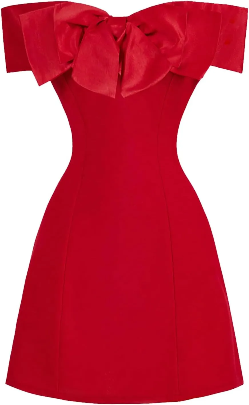 GORGLITTER Women's Bow Strapless Bodycon Mini Dress Off The Shoulder Wedding Guest Birthday Cocktail Going Out Dresses