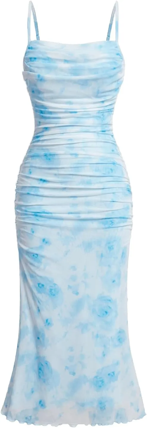 GORGLITTER Women's Floral Ruched Bodycon Midi Dress Mesh Sleeveless Fishtail Cami Dresses