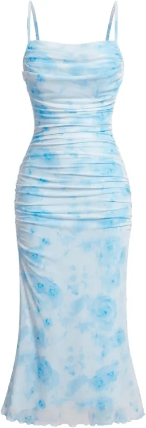 GORGLITTER Women's Floral Ruched Bodycon Midi Dress Mesh Sleeveless Fishtail Cami Dresses