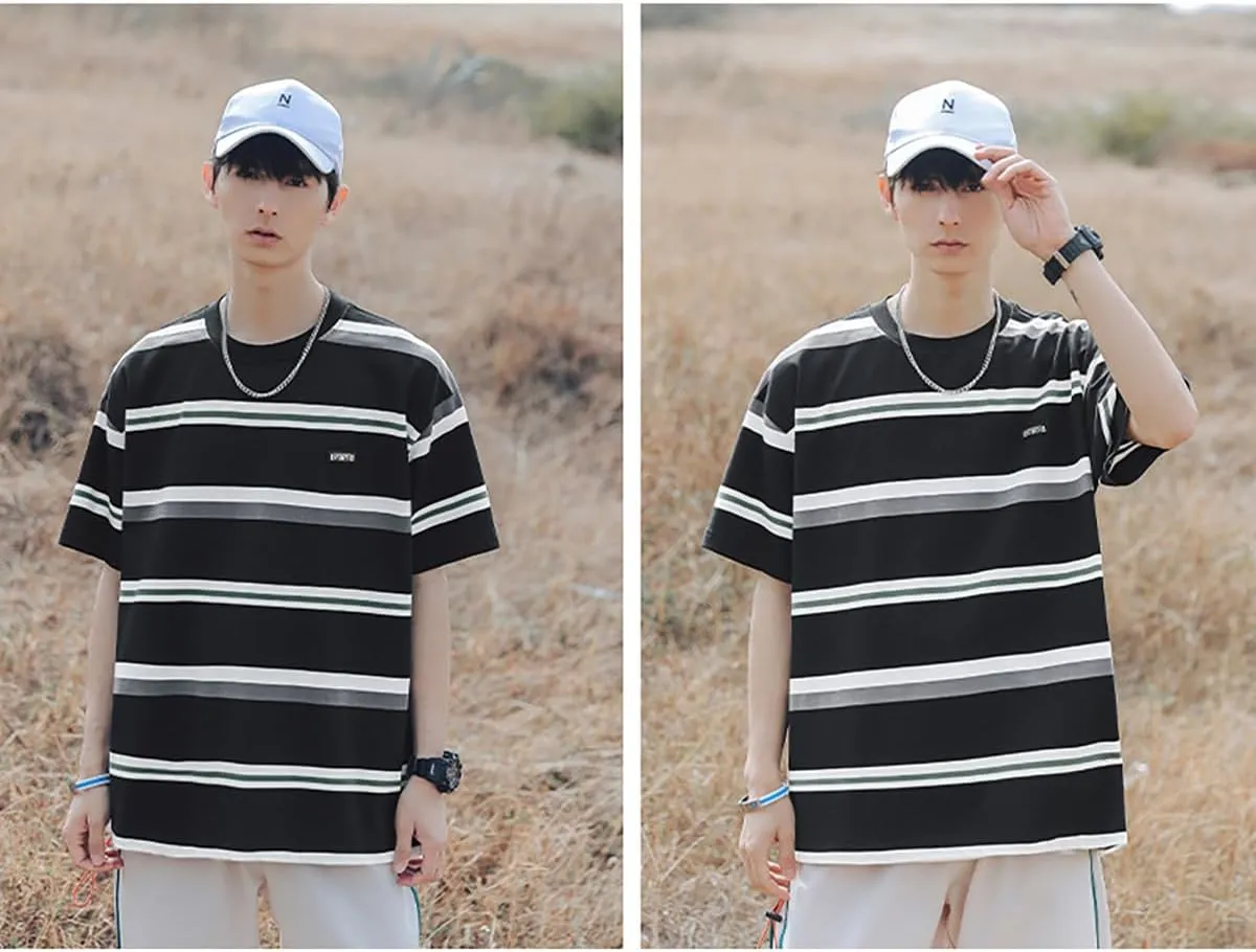 Gothic Casual Loose Oversized T-Shirt Harajuku Street Trend Men and Women Wearing Printed Stripes for Couples