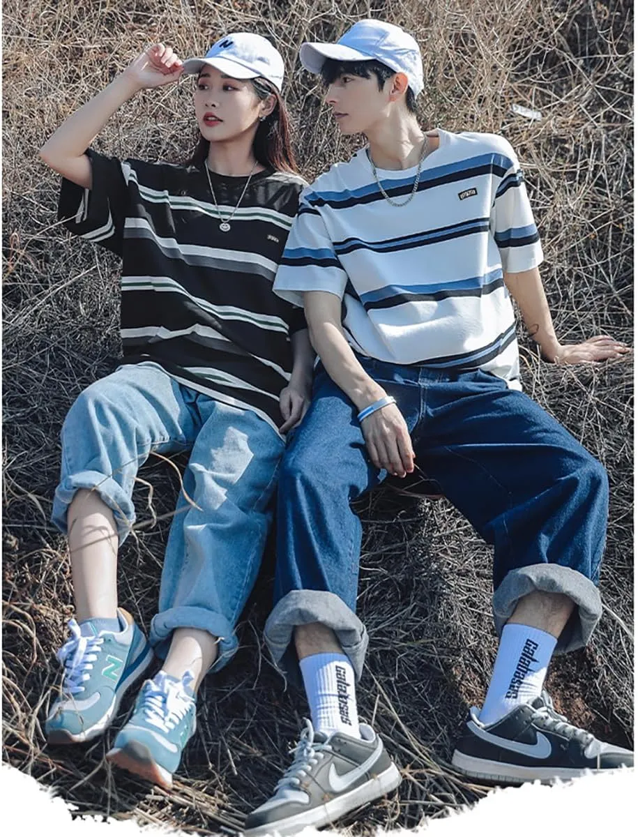 Gothic Casual Loose Oversized T-Shirt Harajuku Street Trend Men and Women Wearing Printed Stripes for Couples