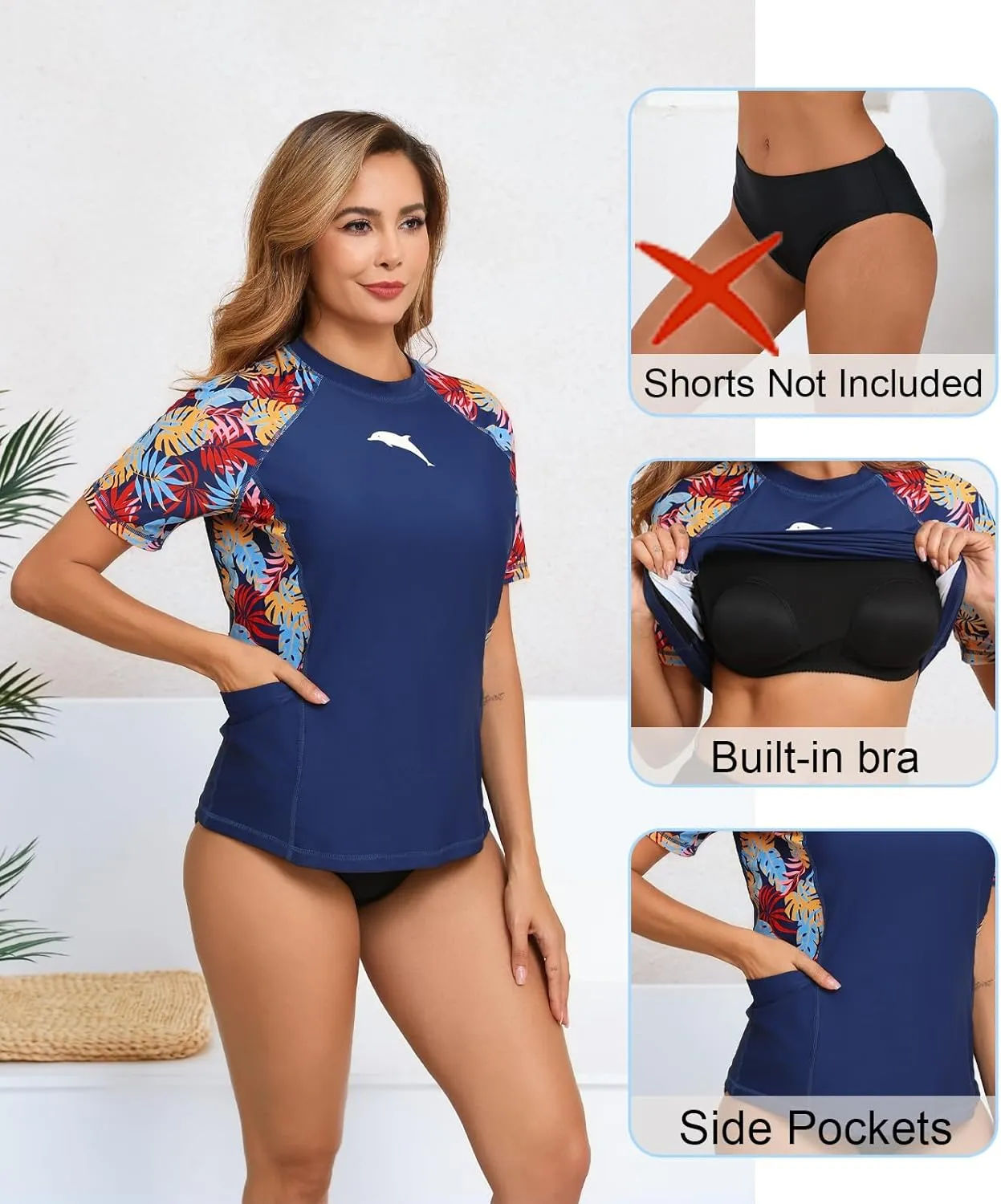 Halcurt Women's Short Sleeve Rash Guard Top with Built in Bra Side Pockets Swim Shirts UPF50  Swimsuit