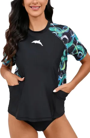 Halcurt Women's Short Sleeve Rash Guard Top with Built in Bra Side Pockets Swim Shirts UPF50  Swimsuit