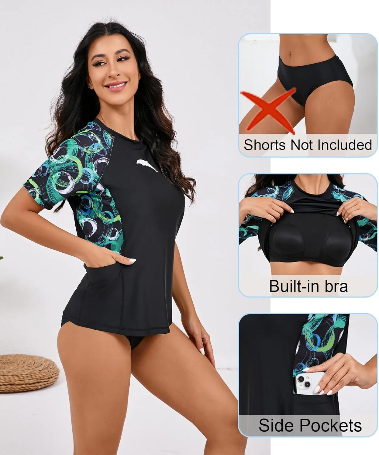 Halcurt Women's Short Sleeve Rash Guard Top with Built in Bra Side Pockets Swim Shirts UPF50  Swimsuit