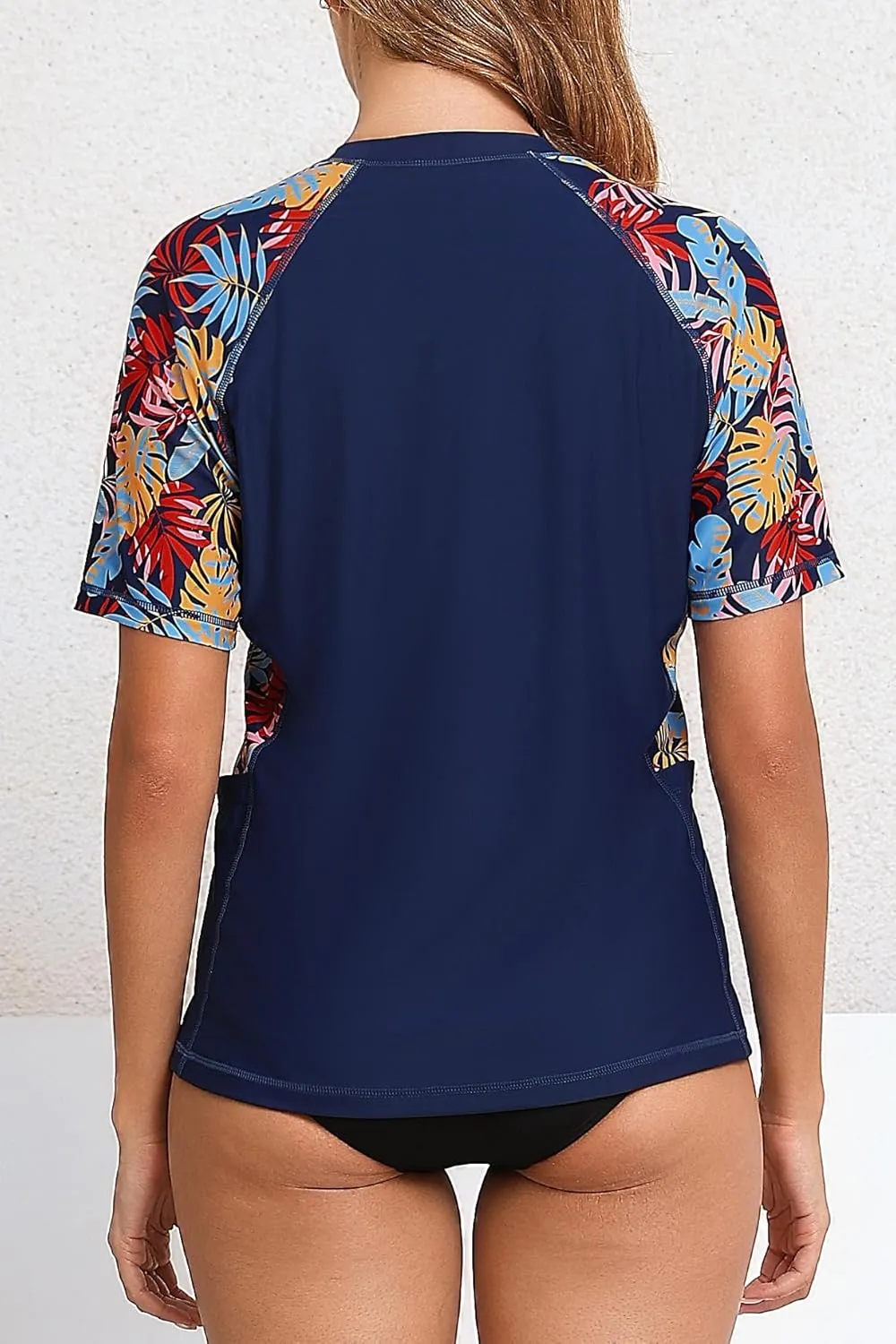Halcurt Women's Short Sleeve Rash Guard Top with Built in Bra Side Pockets Swim Shirts UPF50  Swimsuit