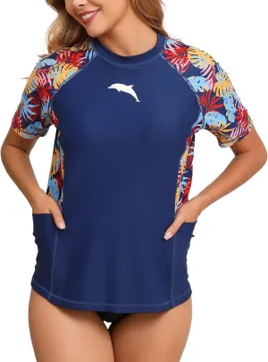 Halcurt Women's Short Sleeve Rash Guard Top with Built in Bra Side Pockets Swim Shirts UPF50  Swimsuit