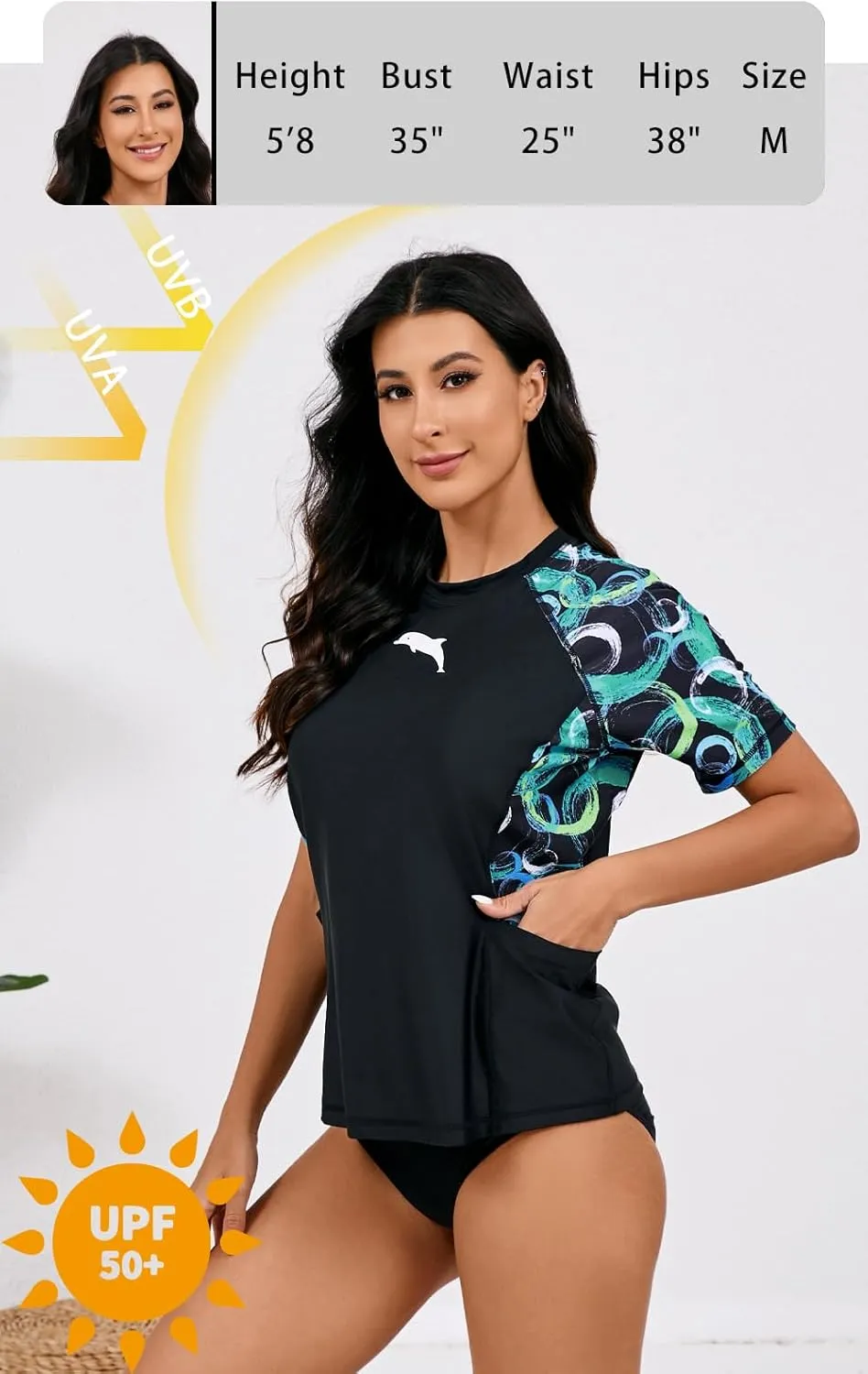 Halcurt Women's Short Sleeve Rash Guard Top with Built in Bra Side Pockets Swim Shirts UPF50  Swimsuit