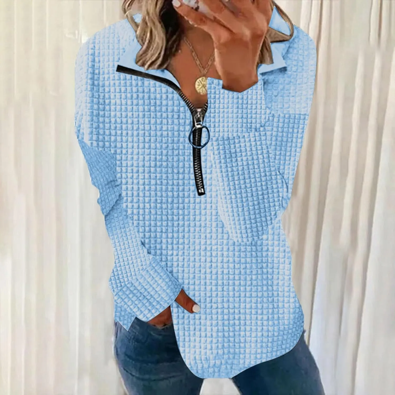 Half Zip Sweatshirt Women 1/2 Zipper Oversized Waffle Quilted Pattern Cropped Pullover Fall Winter Tops