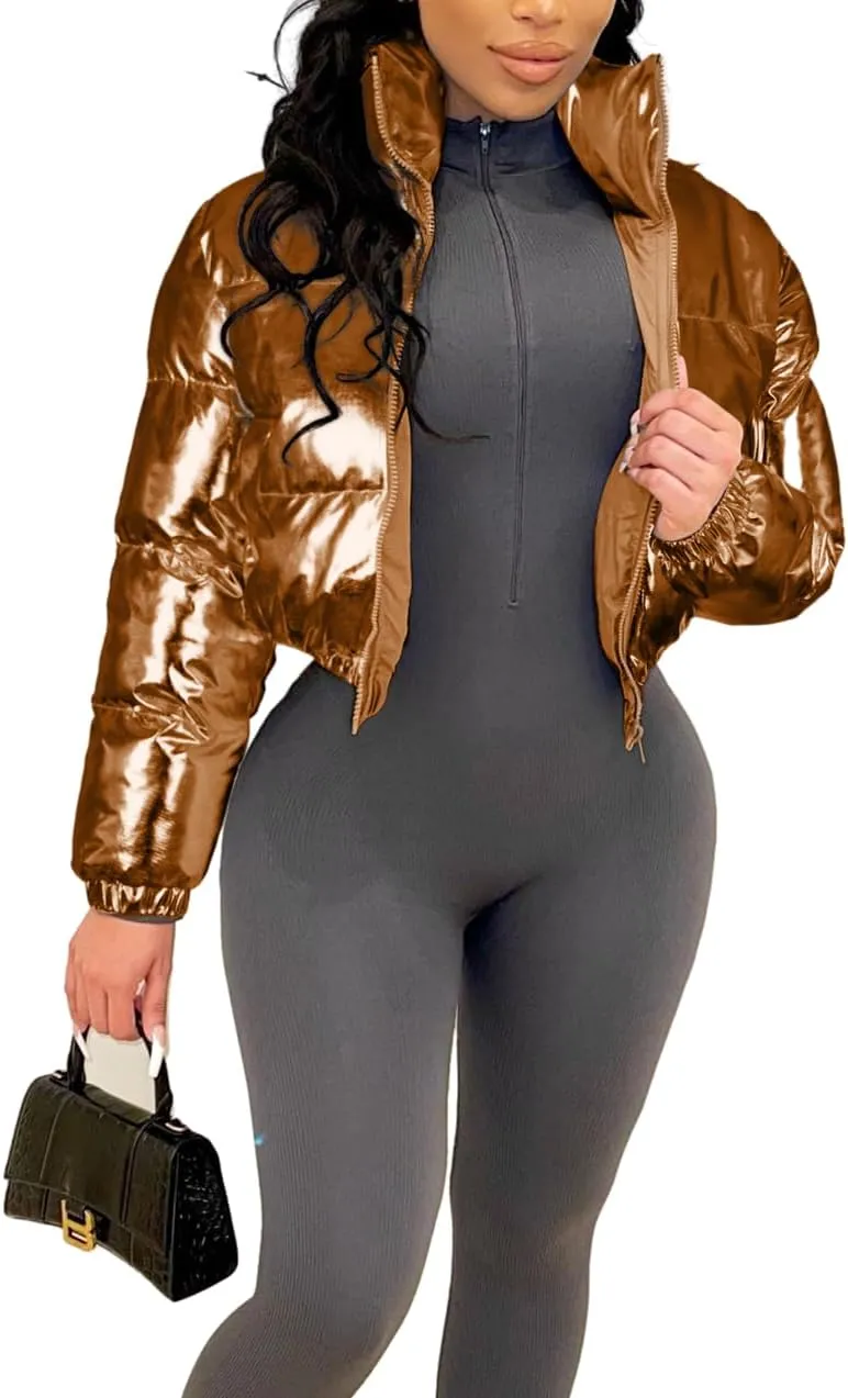 Halfword Women's Shiny Cropped Puffer Jacket Long Sleeve Solid Color Stand Neck Winter Down Coat