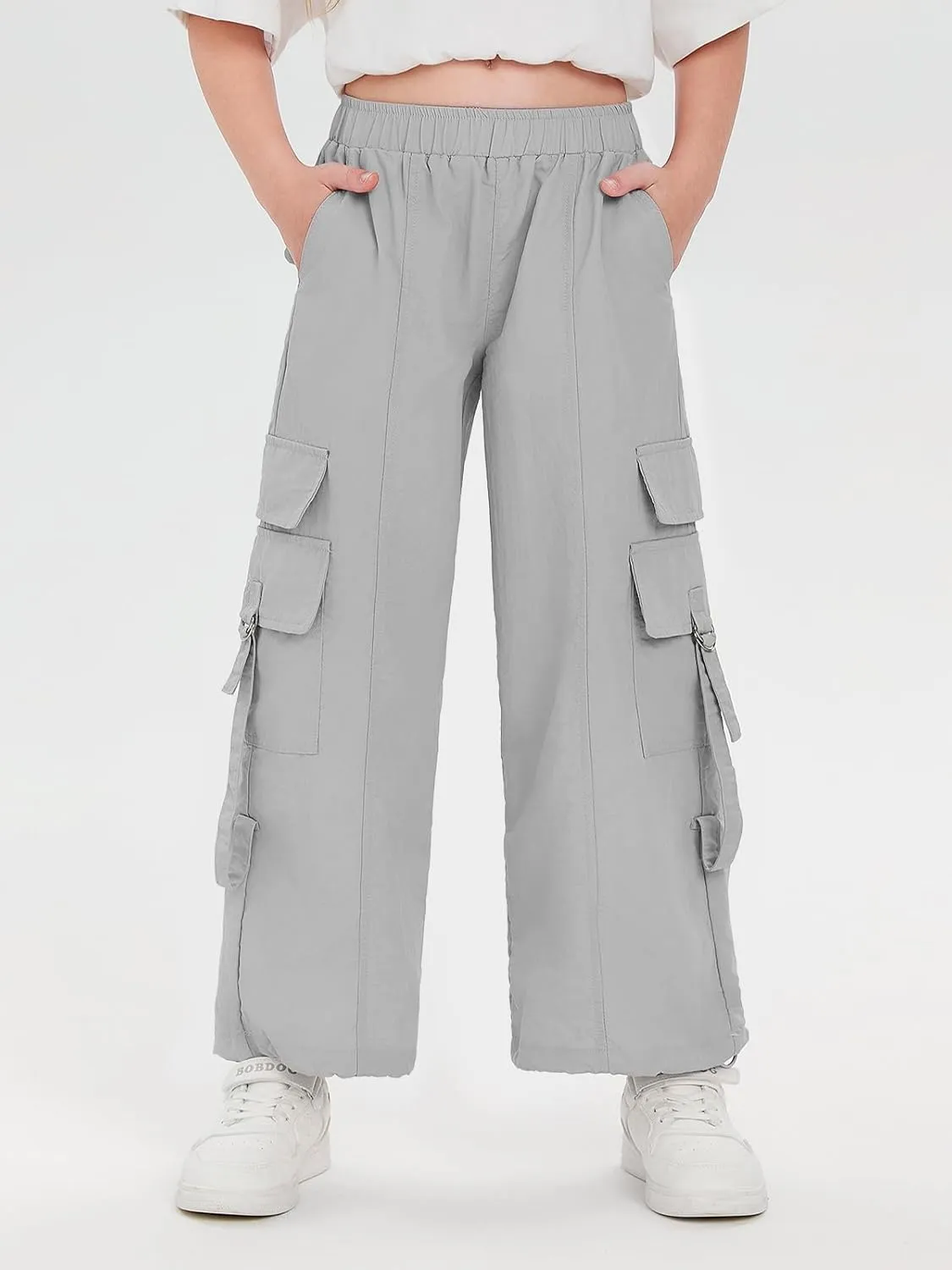 Haloumoning Girls Parachute Pants Kids Wide Leg Cargo Pants Y2K Street Trousers with Pockets 5-14 Years