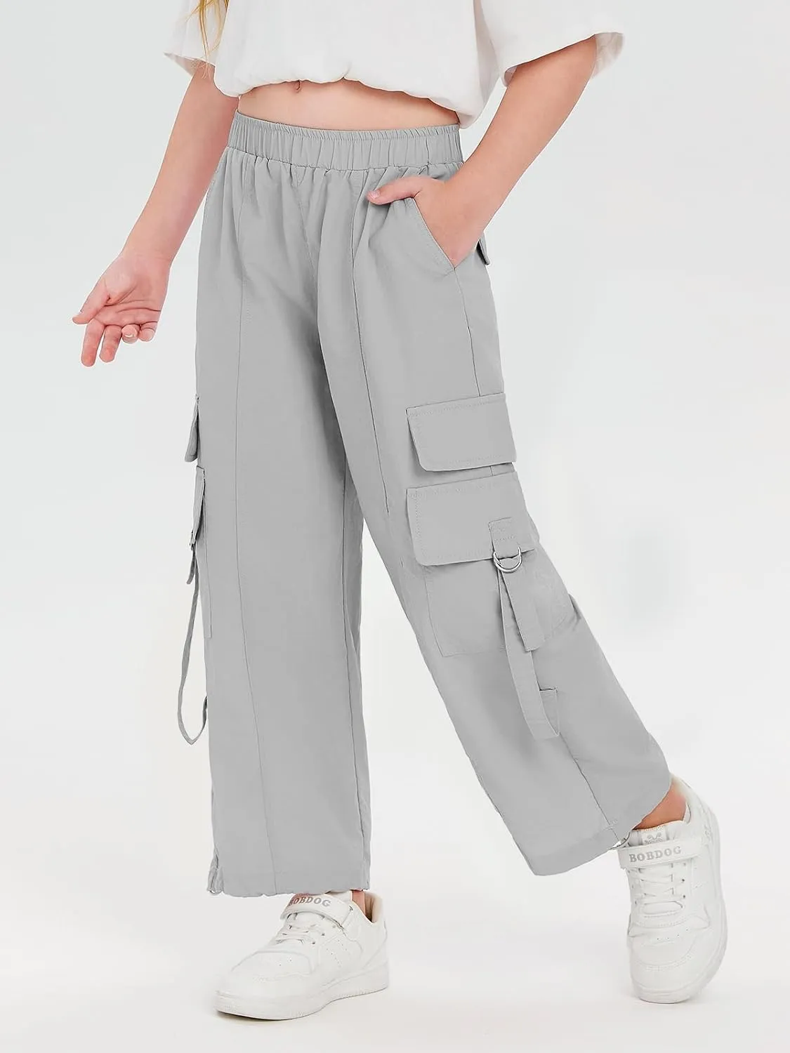 Haloumoning Girls Parachute Pants Kids Wide Leg Cargo Pants Y2K Street Trousers with Pockets 5-14 Years