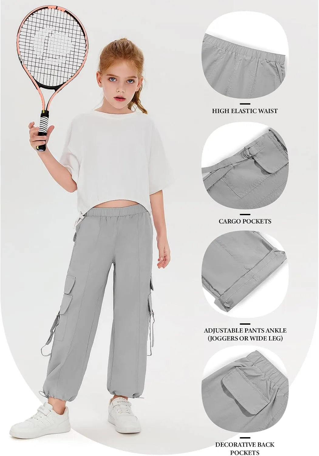 Haloumoning Girls Parachute Pants Kids Wide Leg Cargo Pants Y2K Street Trousers with Pockets 5-14 Years