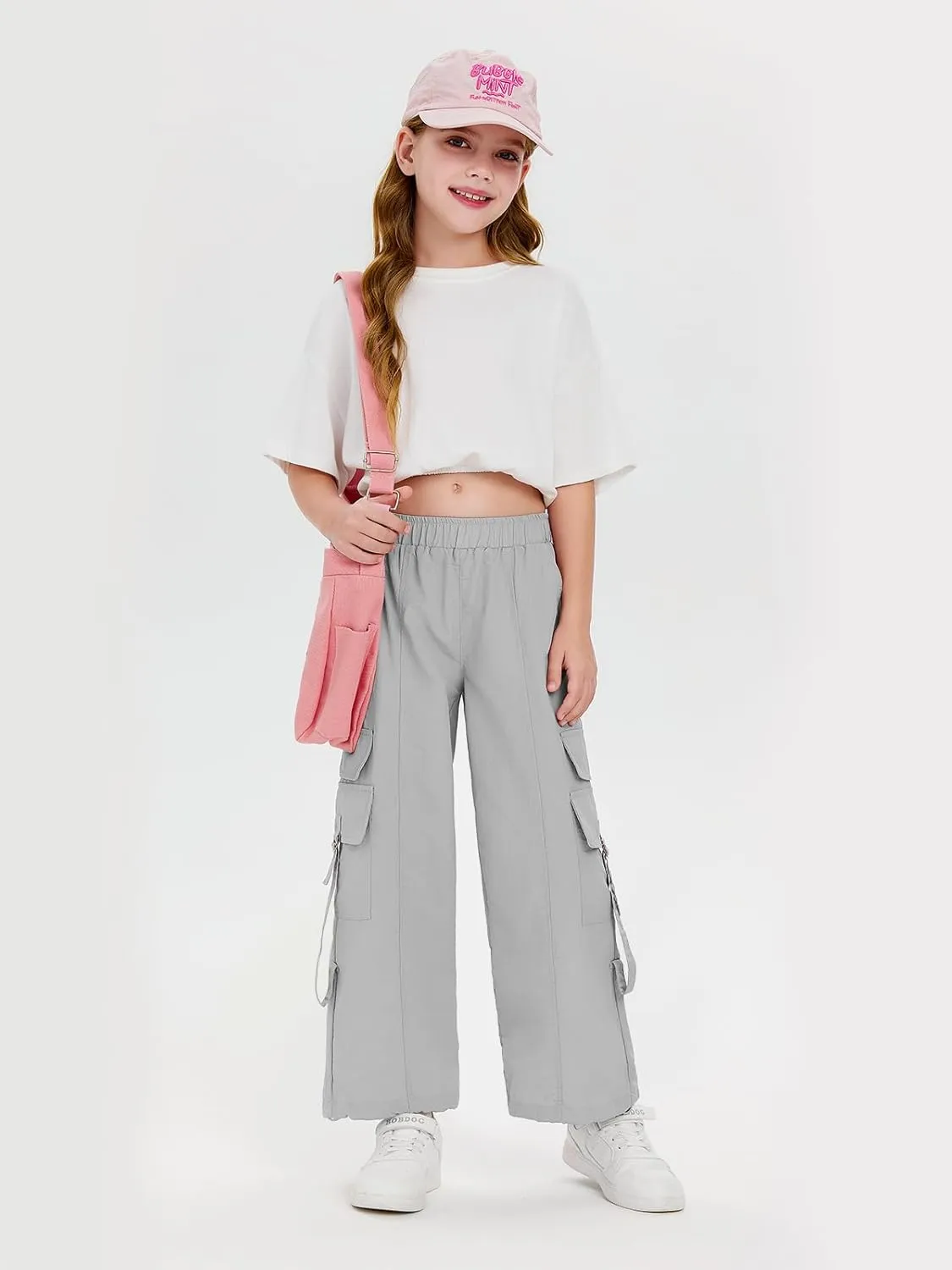Haloumoning Girls Parachute Pants Kids Wide Leg Cargo Pants Y2K Street Trousers with Pockets 5-14 Years