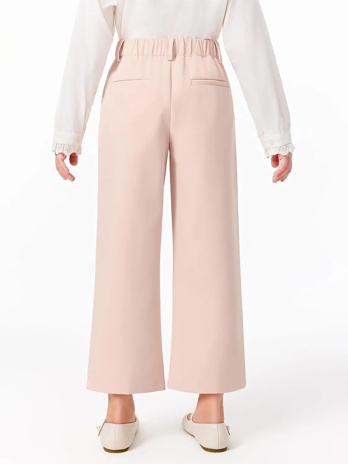 Haloumoning Girls Uniform Pants Kids High Waisted Wide Leg Dress Pants Casual Trousers with Pockets 5-14 Years