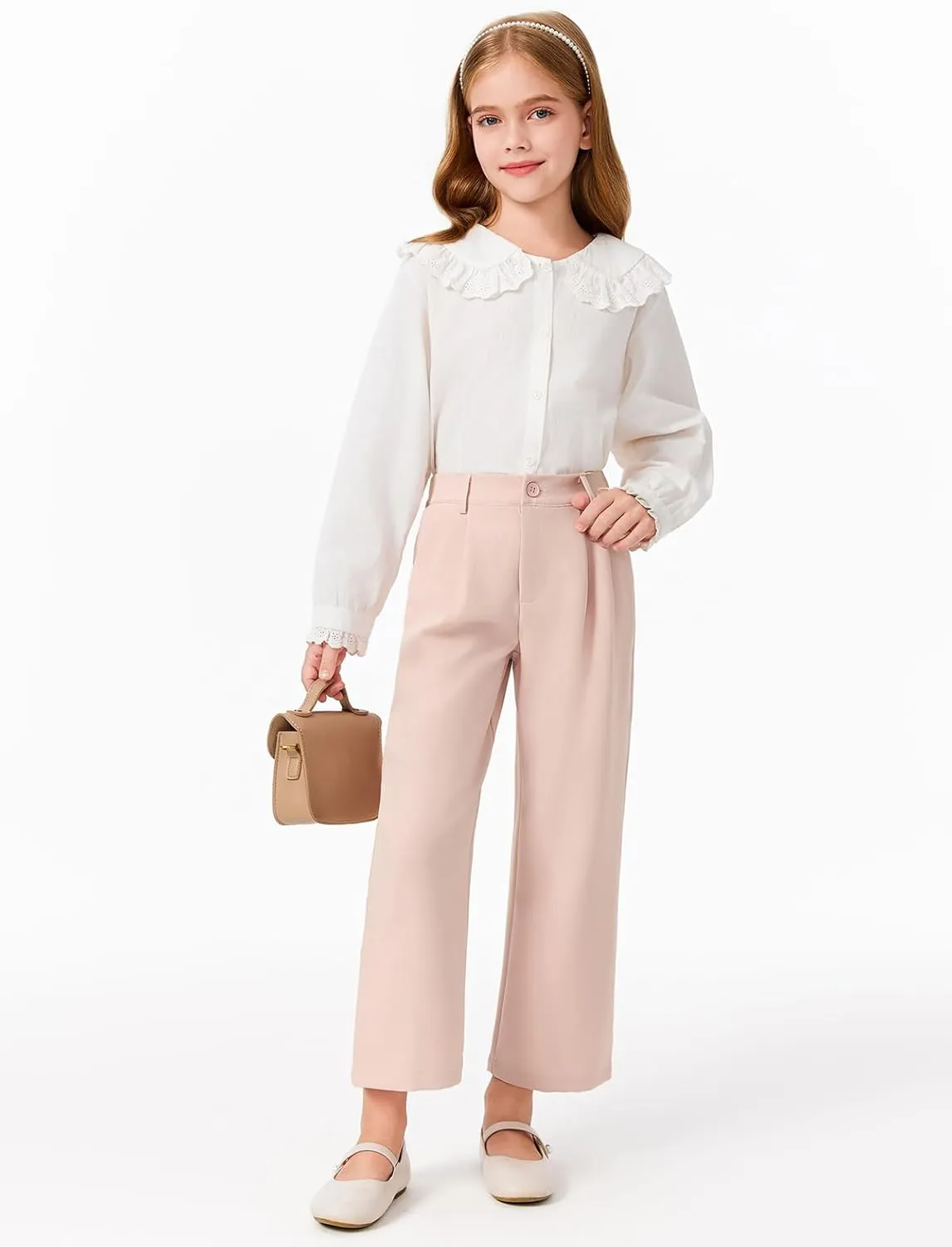Haloumoning Girls Uniform Pants Kids High Waisted Wide Leg Dress Pants Casual Trousers with Pockets 5-14 Years
