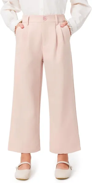 Haloumoning Girls Uniform Pants Kids High Waisted Wide Leg Dress Pants Casual Trousers with Pockets 5-14 Years