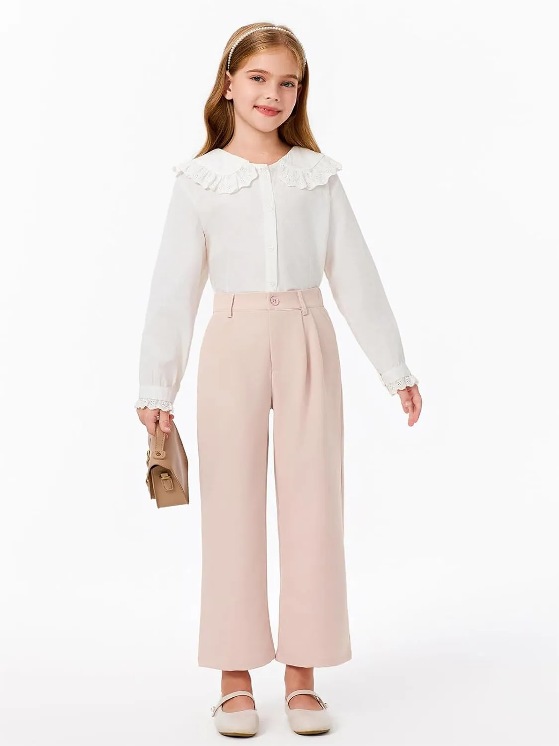 Haloumoning Girls Uniform Pants Kids High Waisted Wide Leg Dress Pants Casual Trousers with Pockets 5-14 Years