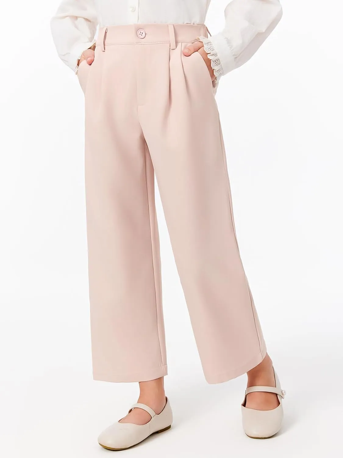 Haloumoning Girls Uniform Pants Kids High Waisted Wide Leg Dress Pants Casual Trousers with Pockets 5-14 Years
