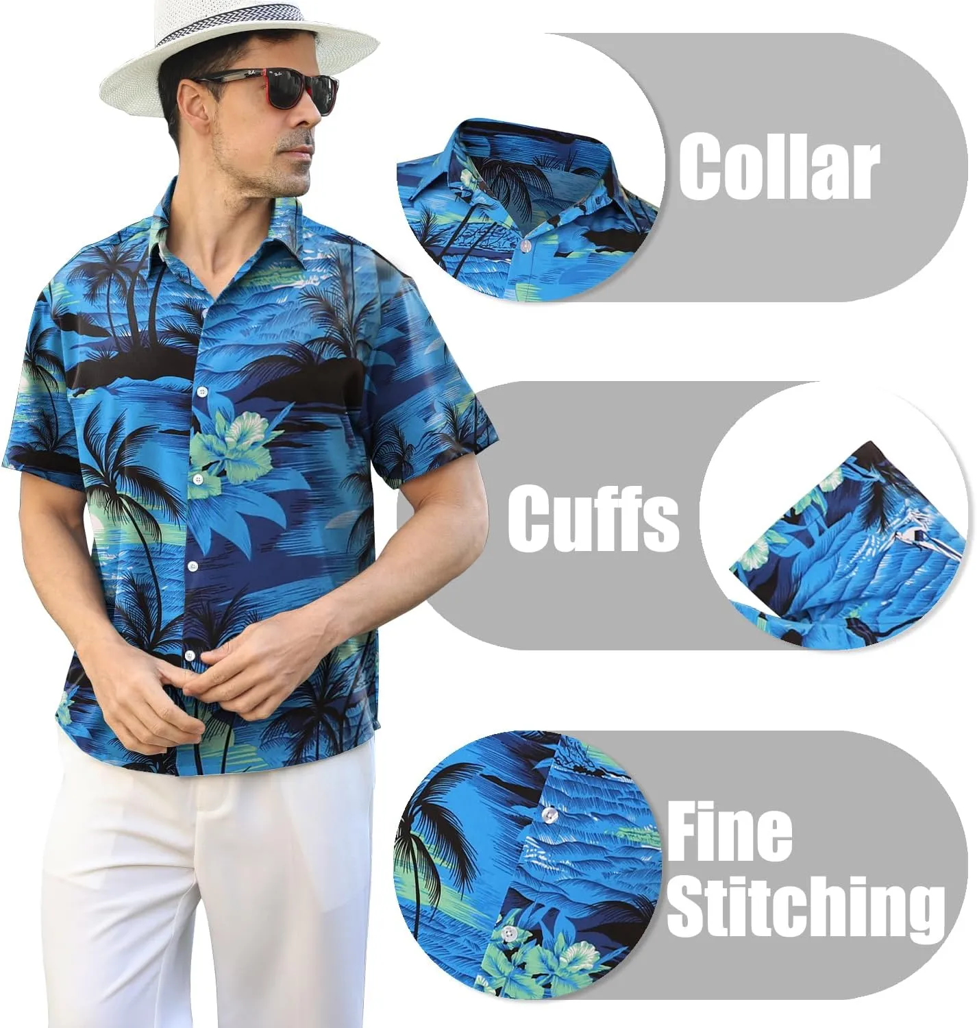 Hawaiian Shirt for Men Sleeves Printed Casual Button Down Summer Beach Dress Shirts