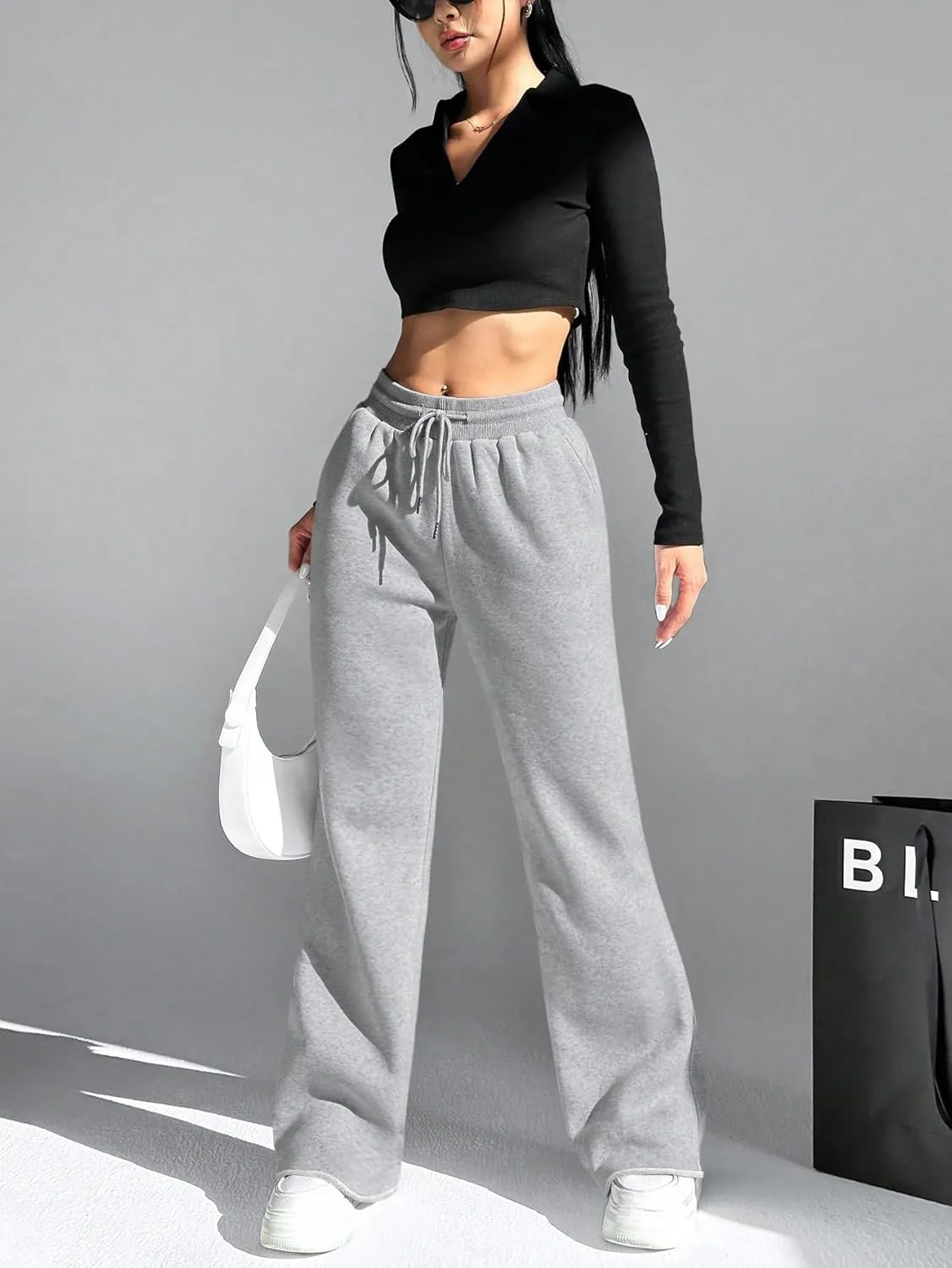 HeSaYep Women's Wide Leg Sweatpants Drawstring Ribbed Waist Baggy Sweat Pants Raw Hem Flared Lounge Pants