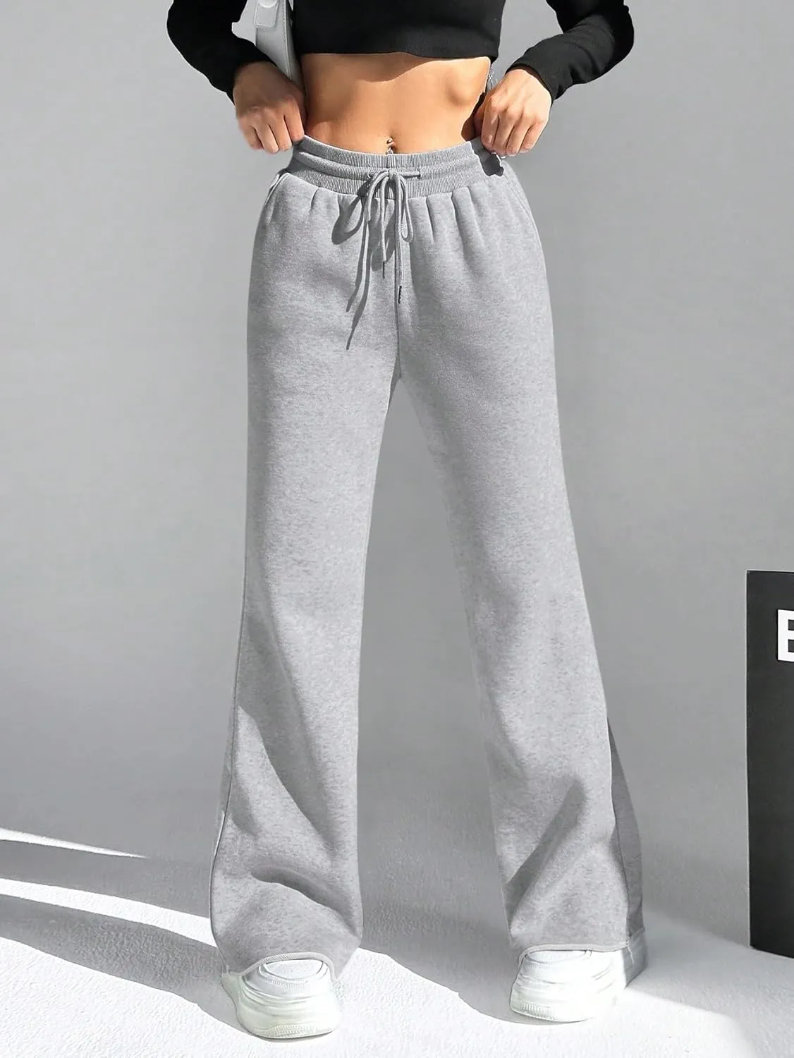 HeSaYep Women's Wide Leg Sweatpants Drawstring Ribbed Waist Baggy Sweat Pants Raw Hem Flared Lounge Pants