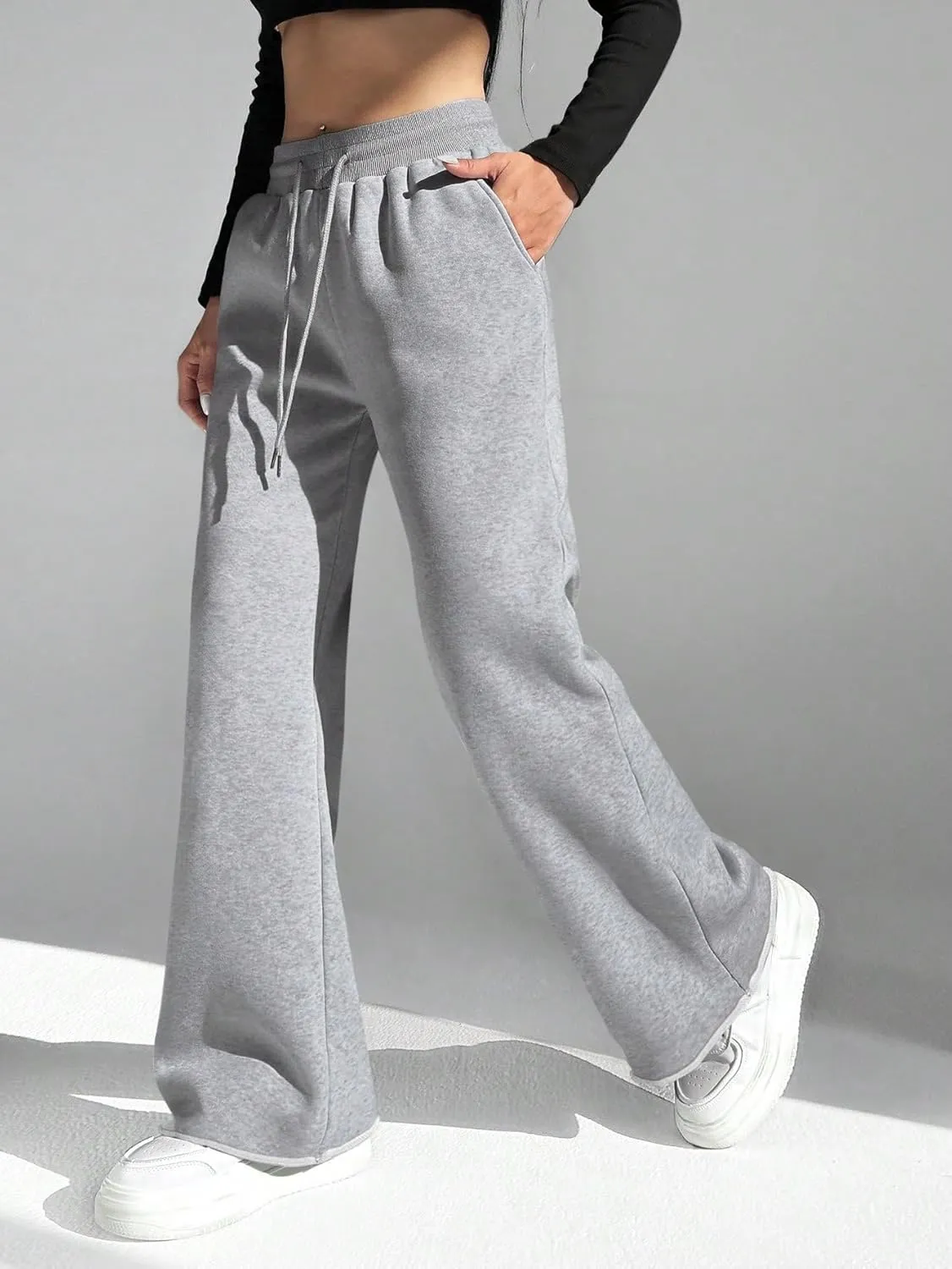 HeSaYep Women's Wide Leg Sweatpants Drawstring Ribbed Waist Baggy Sweat Pants Raw Hem Flared Lounge Pants