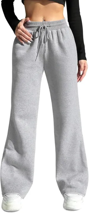 HeSaYep Women's Wide Leg Sweatpants Drawstring Ribbed Waist Baggy Sweat Pants Raw Hem Flared Lounge Pants