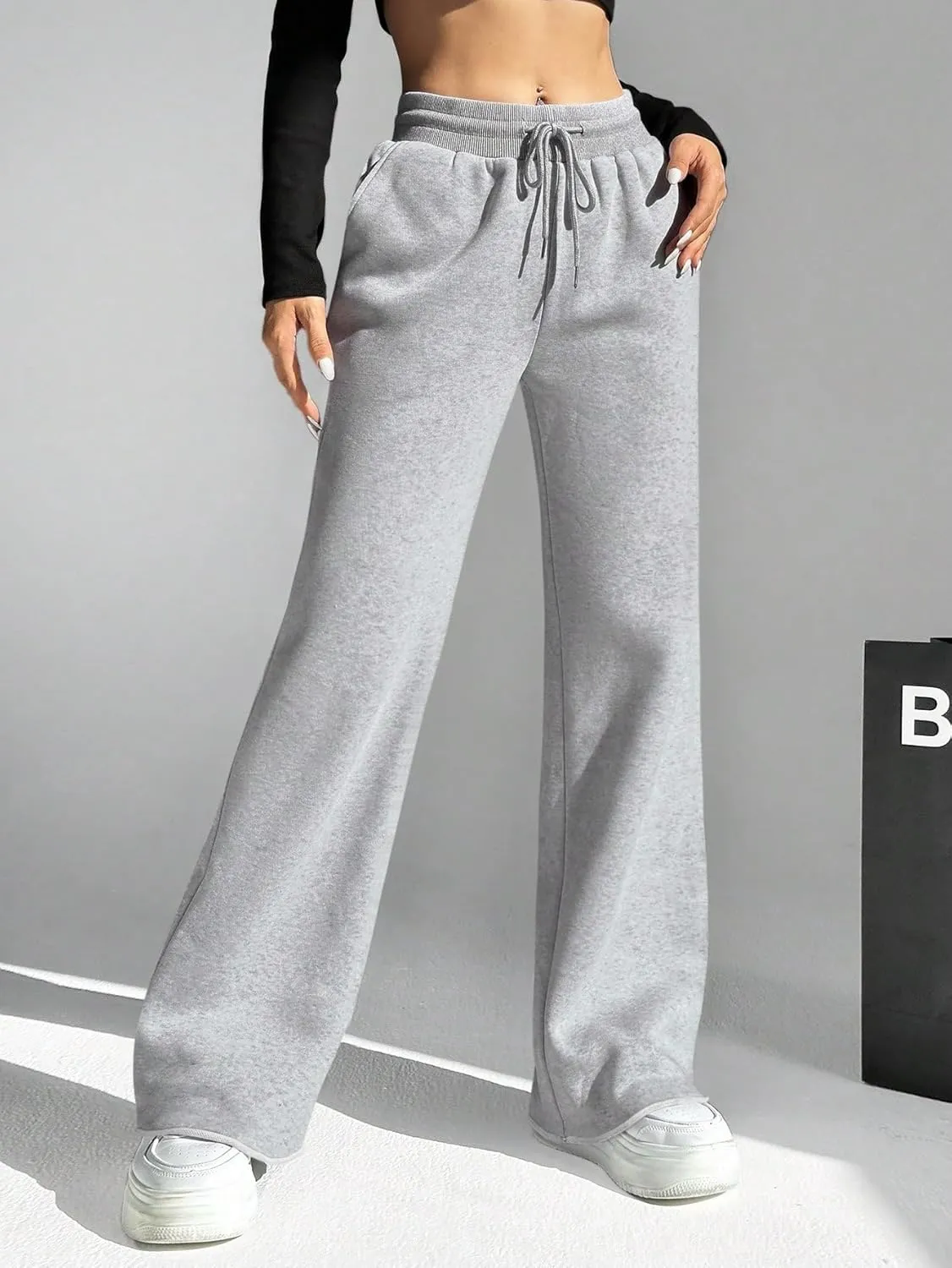 HeSaYep Women's Wide Leg Sweatpants Drawstring Ribbed Waist Baggy Sweat Pants Raw Hem Flared Lounge Pants