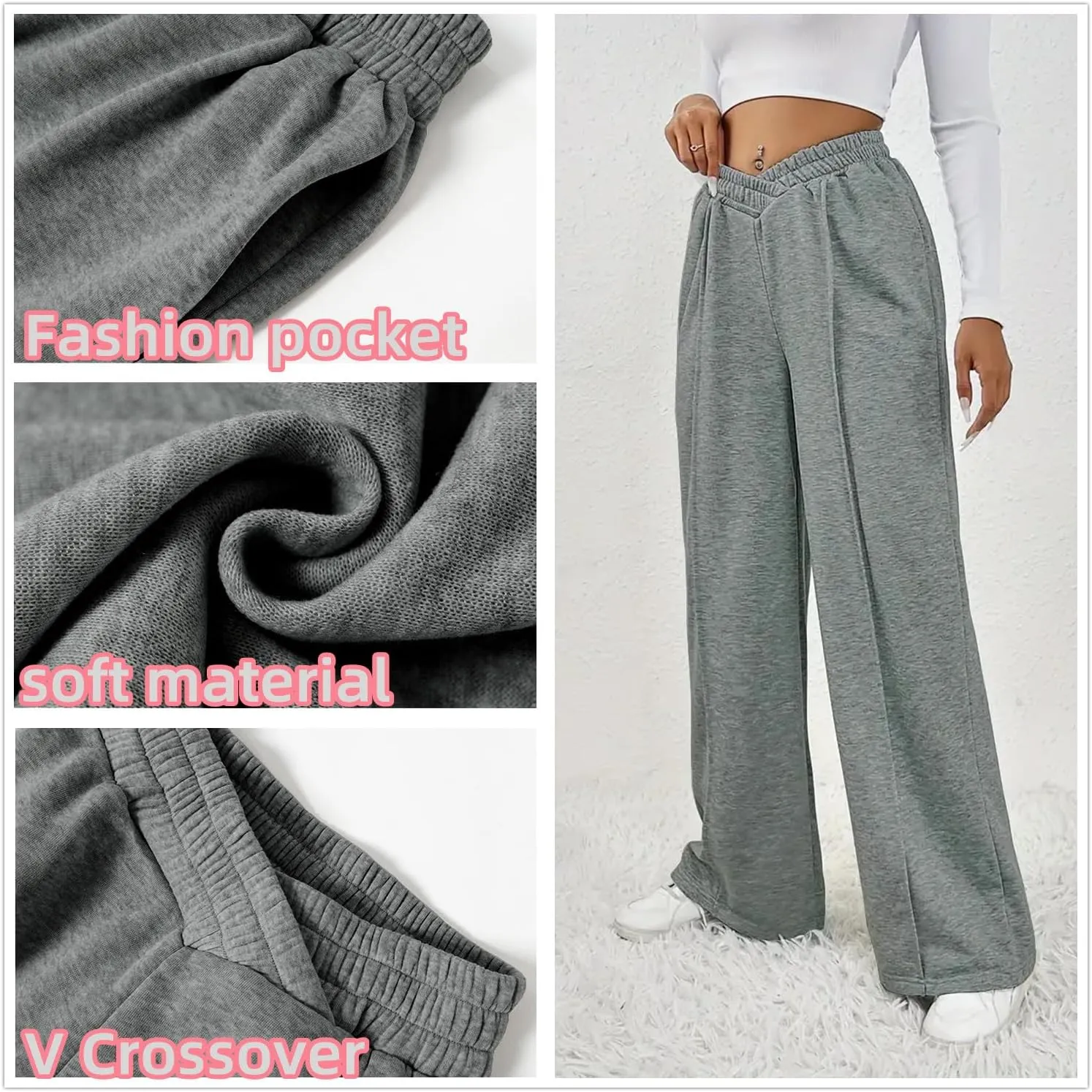 HOPYOP Womens Sweatpants Wide Leg Pants for Women Fall Winter Baggy V Crossover Womens Sweat Pants with Pockets