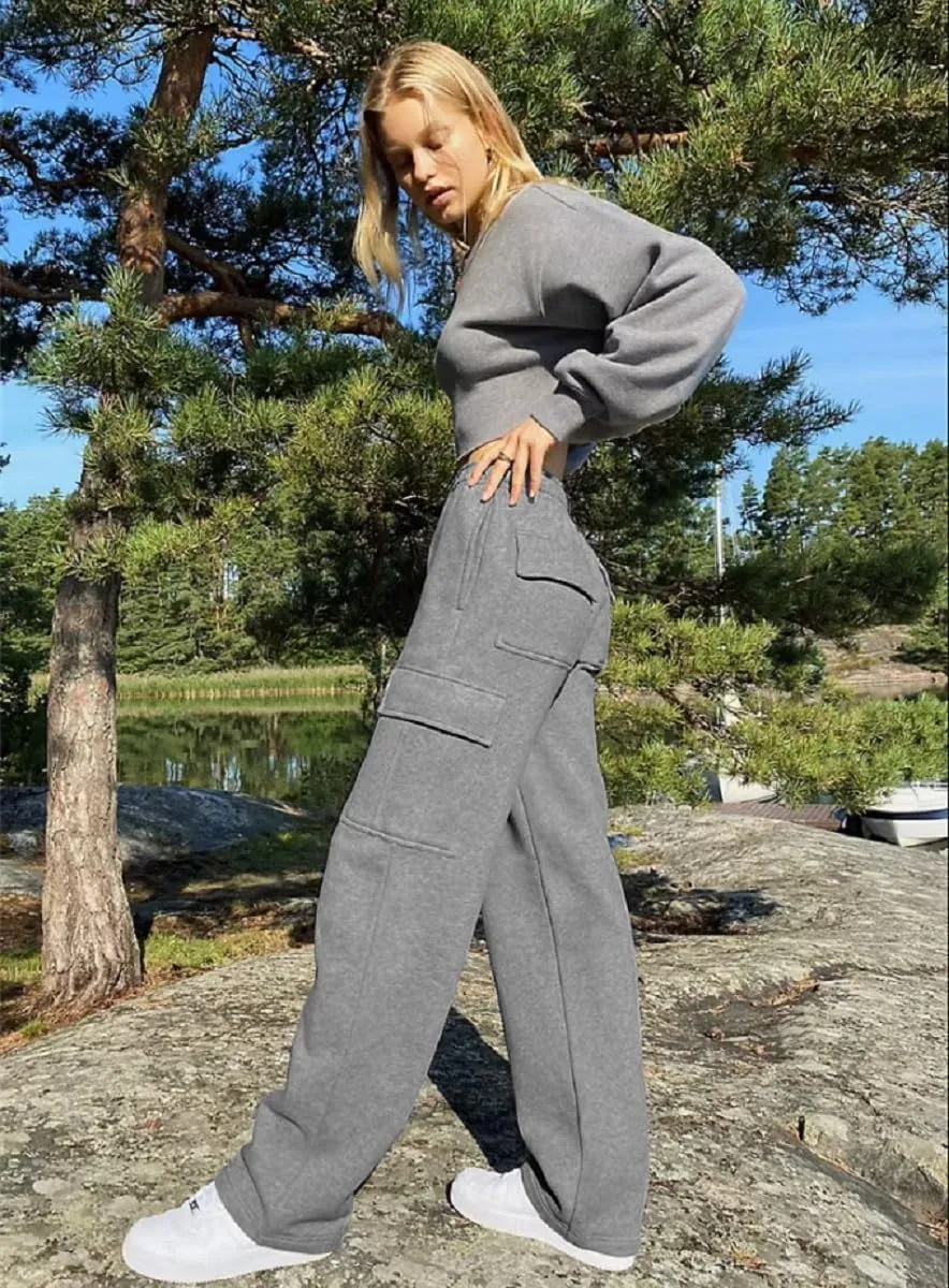 HOPYOP Womens Sweatpants Wide Leg Pants for Women Fall Winter Baggy V Crossover Womens Sweat Pants with Pockets