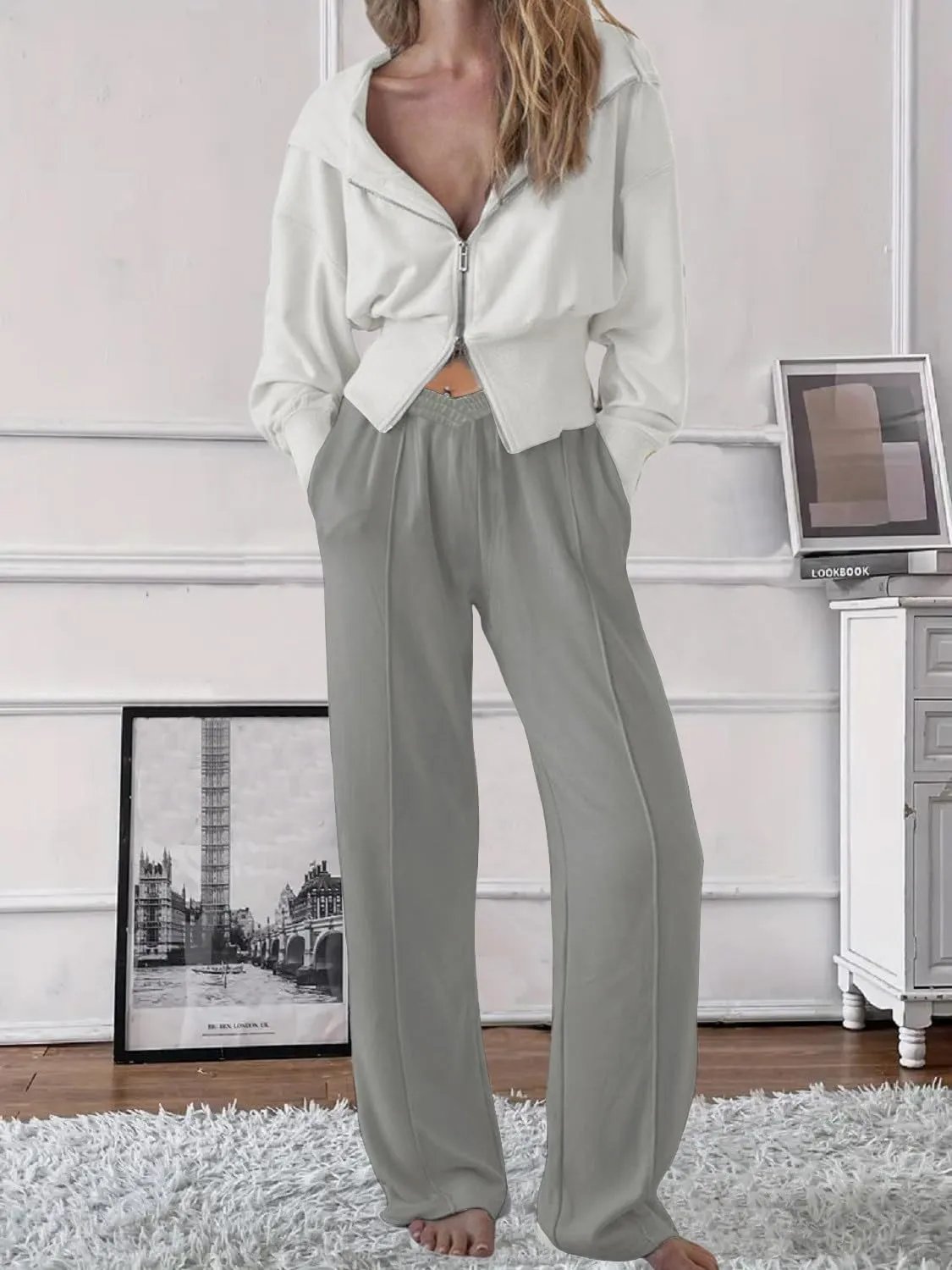 HOPYOP Womens Sweatpants Wide Leg Pants for Women Fall Winter Baggy V Crossover Womens Sweat Pants with Pockets