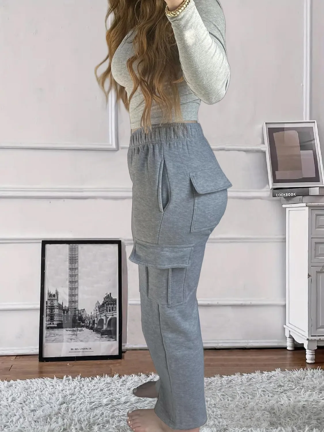 HOPYOP Womens Sweatpants Wide Leg Pants for Women Fall Winter Baggy V Crossover Womens Sweat Pants with Pockets