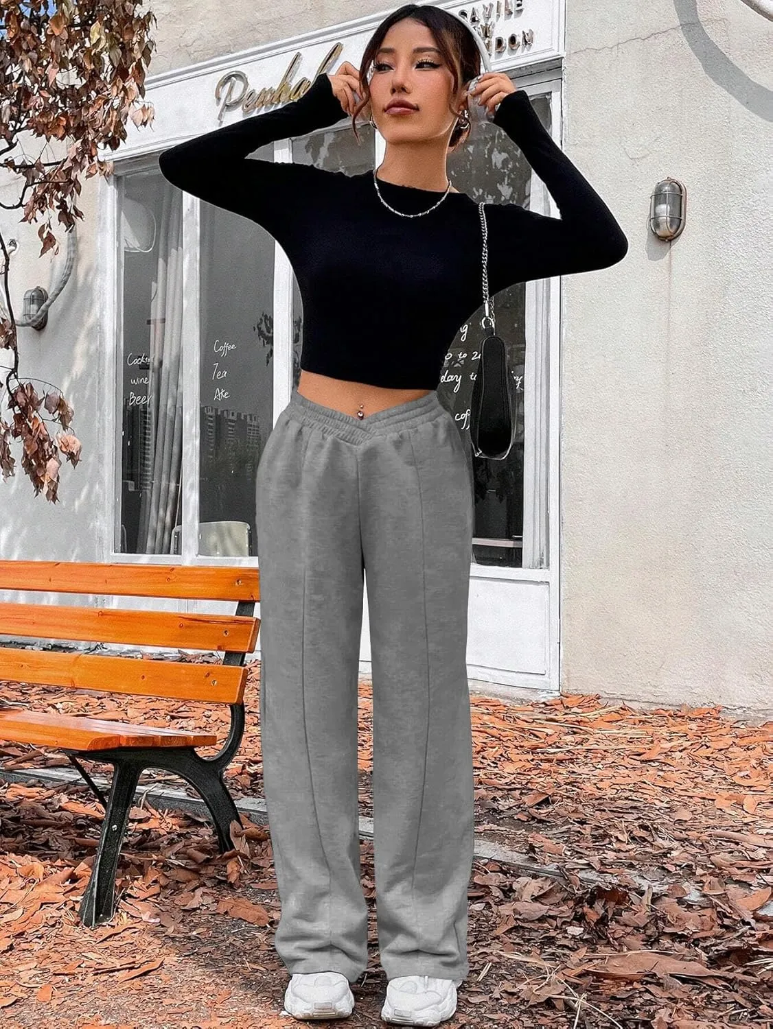 HOPYOP Womens Sweatpants Wide Leg Pants for Women Fall Winter Baggy V Crossover Womens Sweat Pants with Pockets