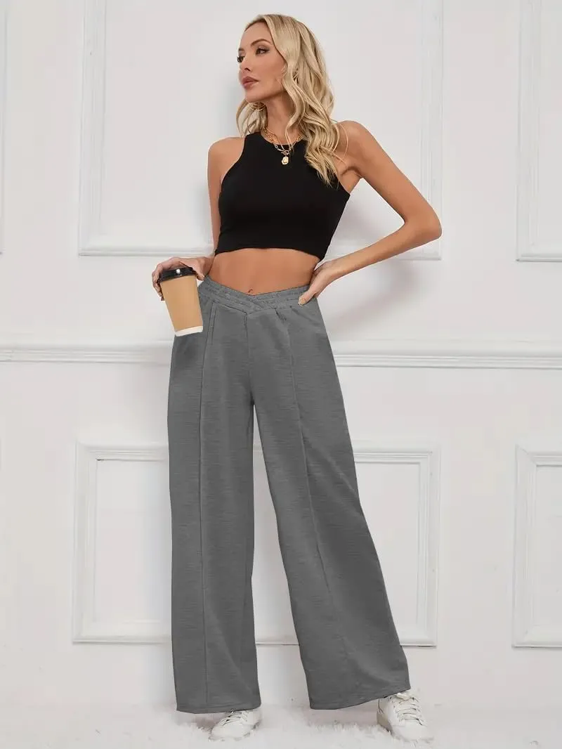 HOPYOP Womens Sweatpants Wide Leg Pants for Women Fall Winter Baggy V Crossover Womens Sweat Pants with Pockets