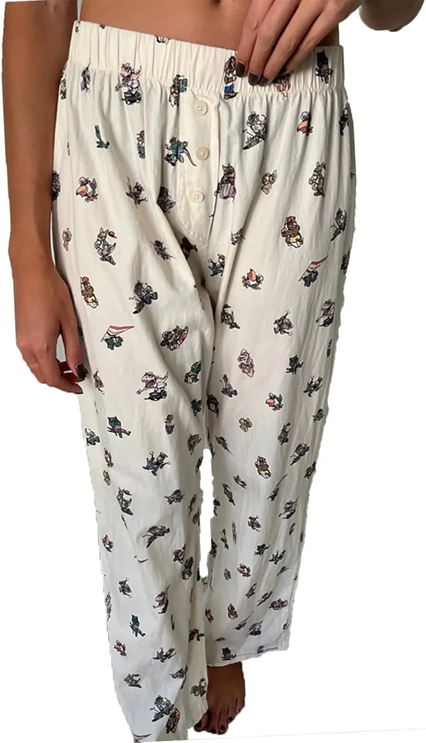 HOXIJIA Women Casual Floral Print Baggy Pants Drawstring High Waist Loose Fit Straight Wide Leg Trousers Y2K Streetwear
