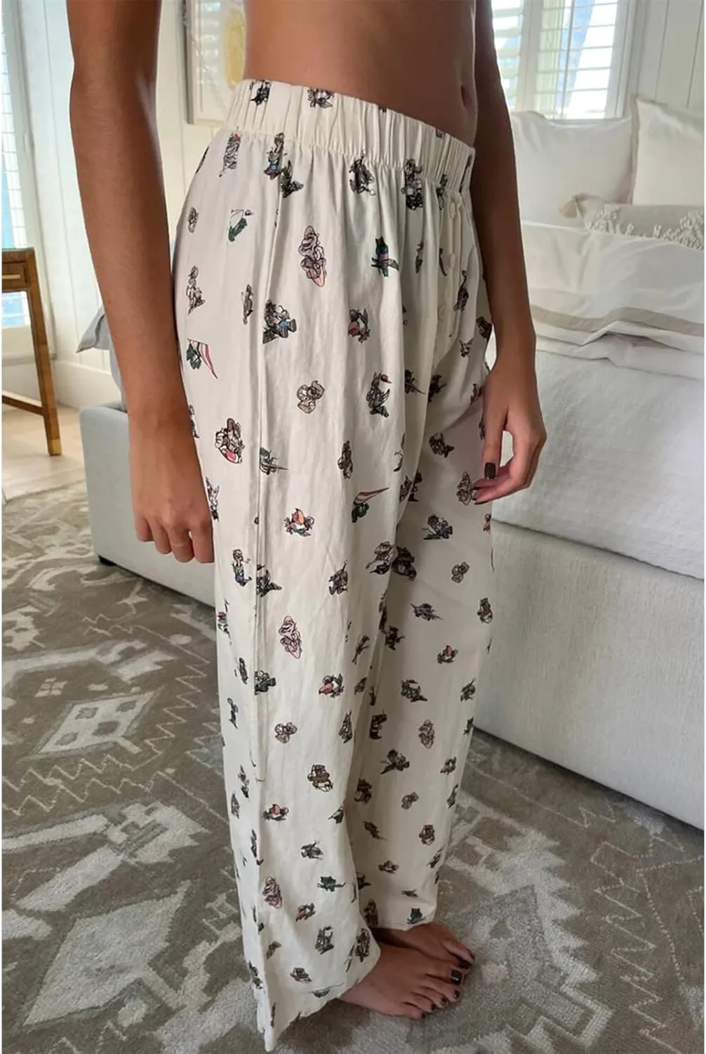 HOXIJIA Women Casual Floral Print Baggy Pants Drawstring High Waist Loose Fit Straight Wide Leg Trousers Y2K Streetwear