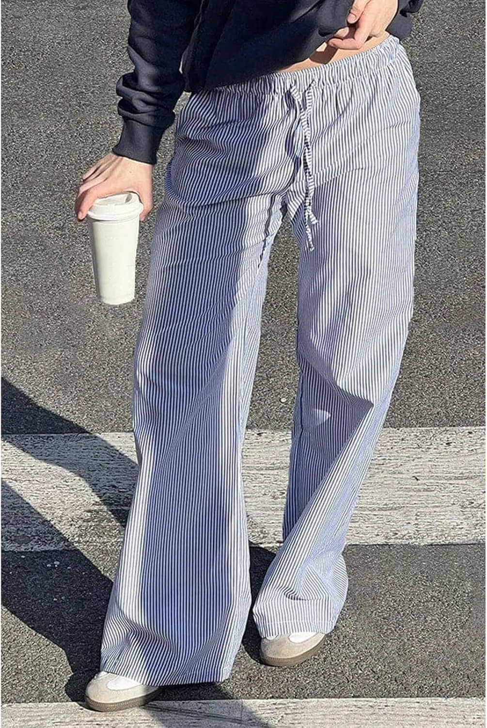 HOXIJIA Women Casual Floral Print Baggy Pants Drawstring High Waist Loose Fit Straight Wide Leg Trousers Y2K Streetwear