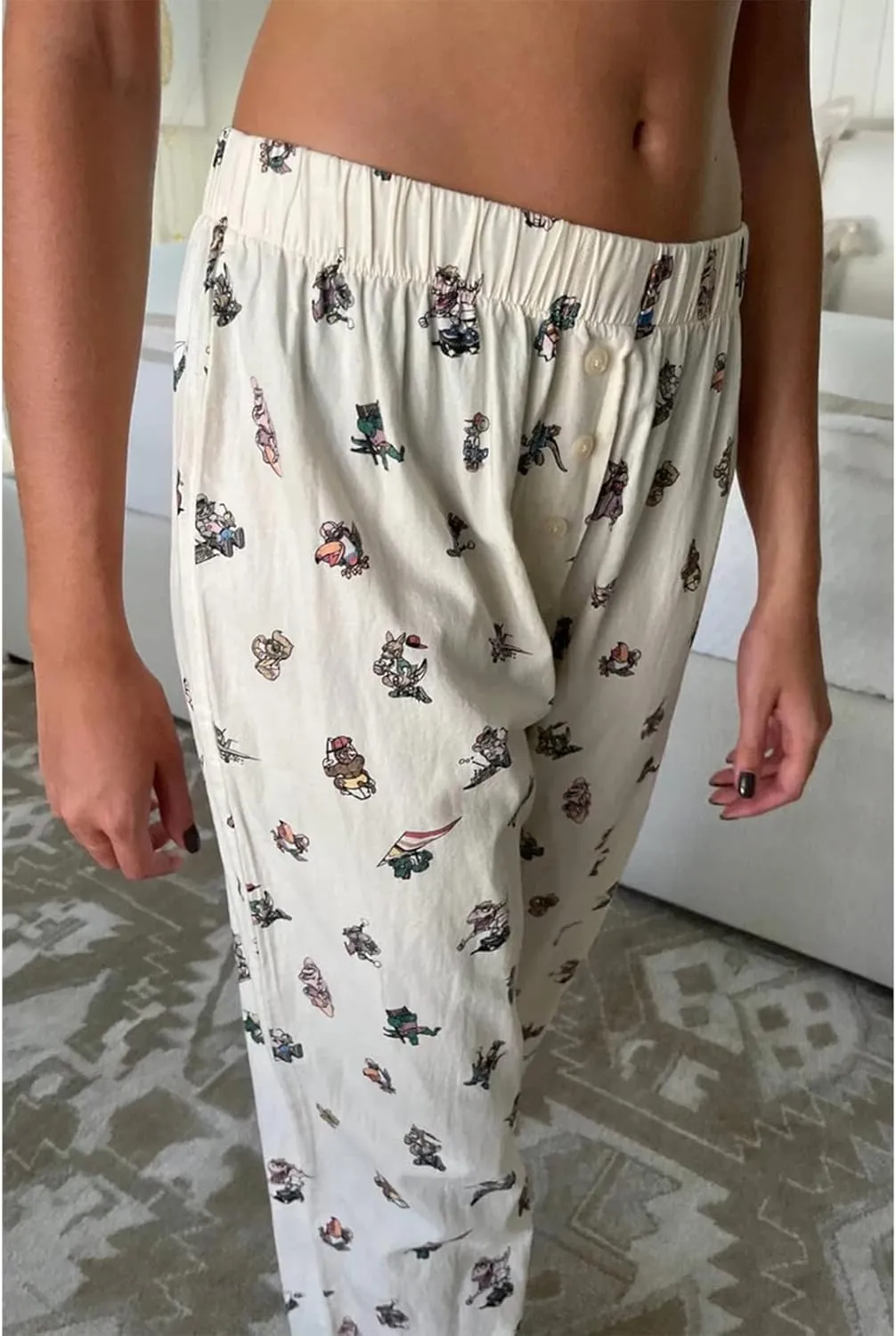 HOXIJIA Women Casual Floral Print Baggy Pants Drawstring High Waist Loose Fit Straight Wide Leg Trousers Y2K Streetwear