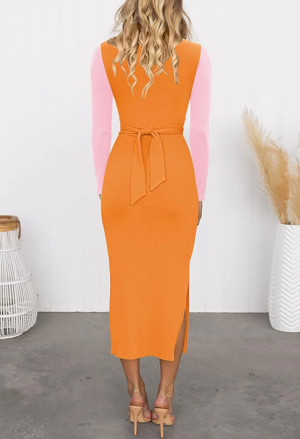 HUUSA Women's Long Sleeve Cutout Bodycon Dress Sexy Crewneck Twist Knot Ruched Slit Slim Fitted Ribbed Knit Midi Dresses