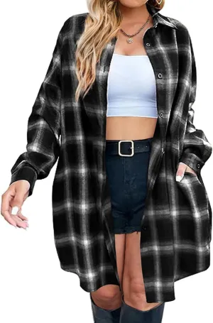 IN'VOLAND Womens Plus Size Plaid Flannel Shirt Long Sleeve Button Down Blouses Tops Shacket Jackets Coats with Pockets