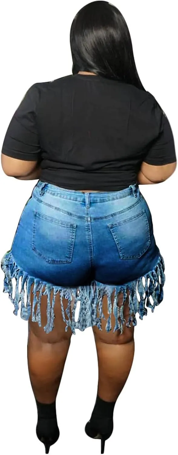JEKE-DG Women Frayed Raw Denim Shorts High Waisted Tassels Stretchy Short Pants Hem Short Jeans Clubwear Jeans Short