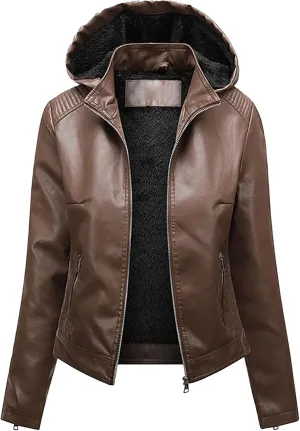 JEKE-DG Women's Faux Leather Casual Lined Coat Removable Hooded Slim Fit Coat Jacket Full Zip Vintage Fall Coats