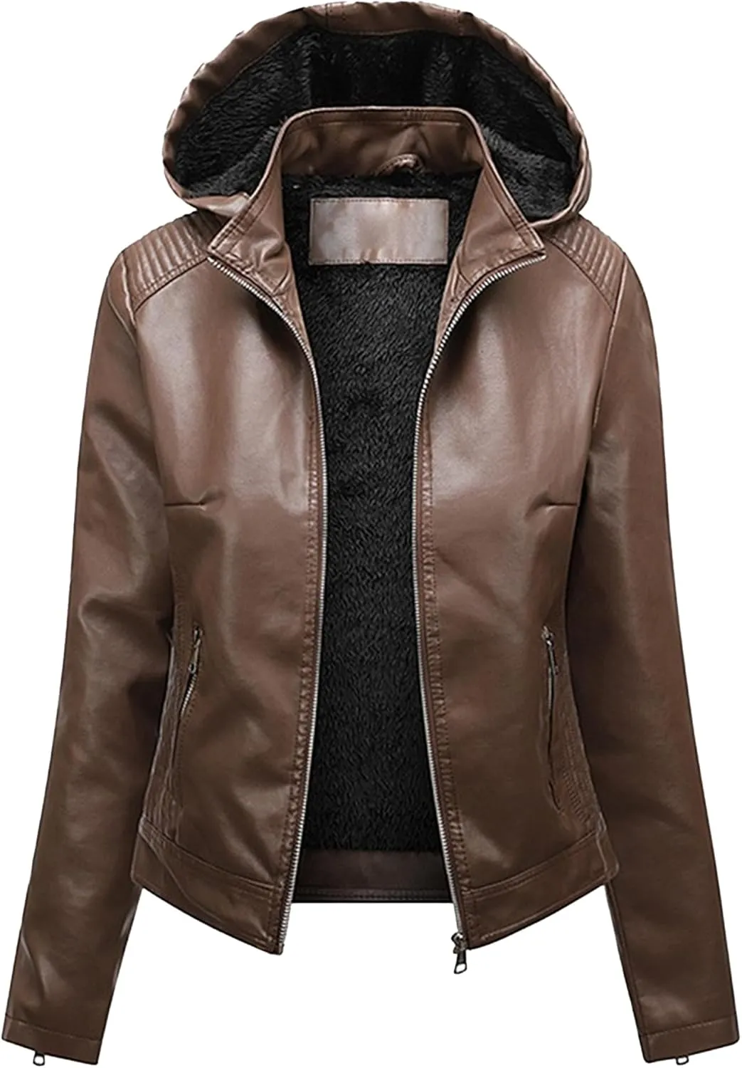 JEKE-DG Women's Faux Leather Casual Lined Coat Removable Hooded Slim Fit Coat Jacket Full Zip Vintage Fall Coats