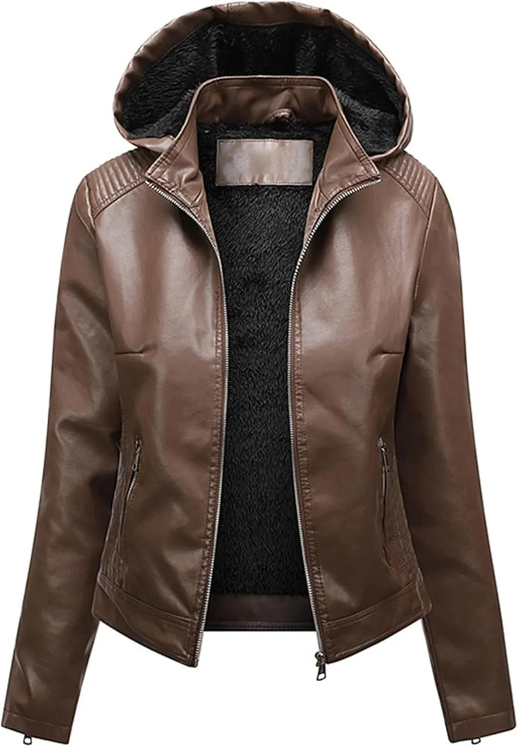 JEKE-DG Women's Faux Leather Casual Lined Coat Removable Hooded Slim Fit Coat Jacket Full Zip Vintage Fall Coats