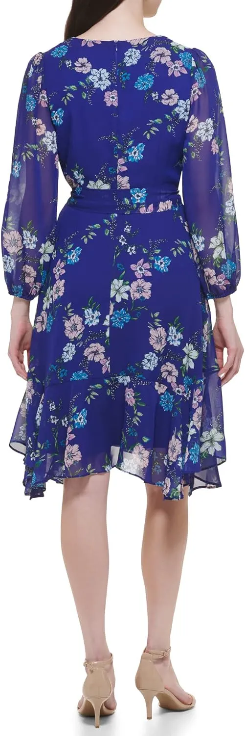 Jessica Howard Women's Floral Chiffon Wrap Mini Dress with Long Sleeves