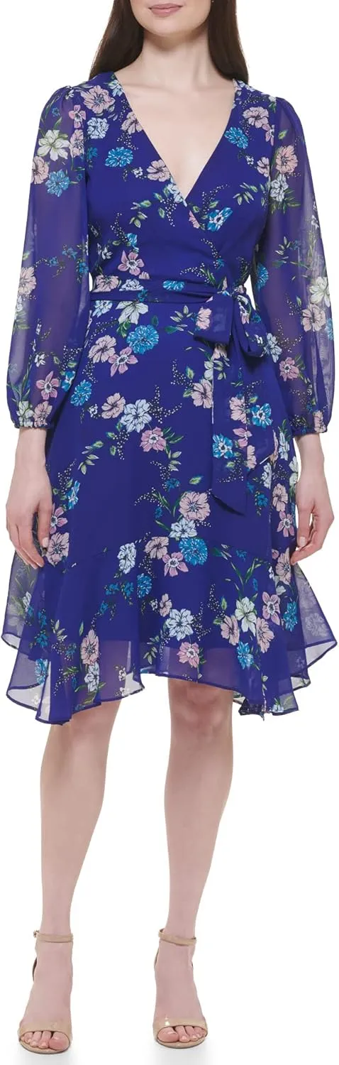 Jessica Howard Women's Floral Chiffon Wrap Mini Dress with Long Sleeves